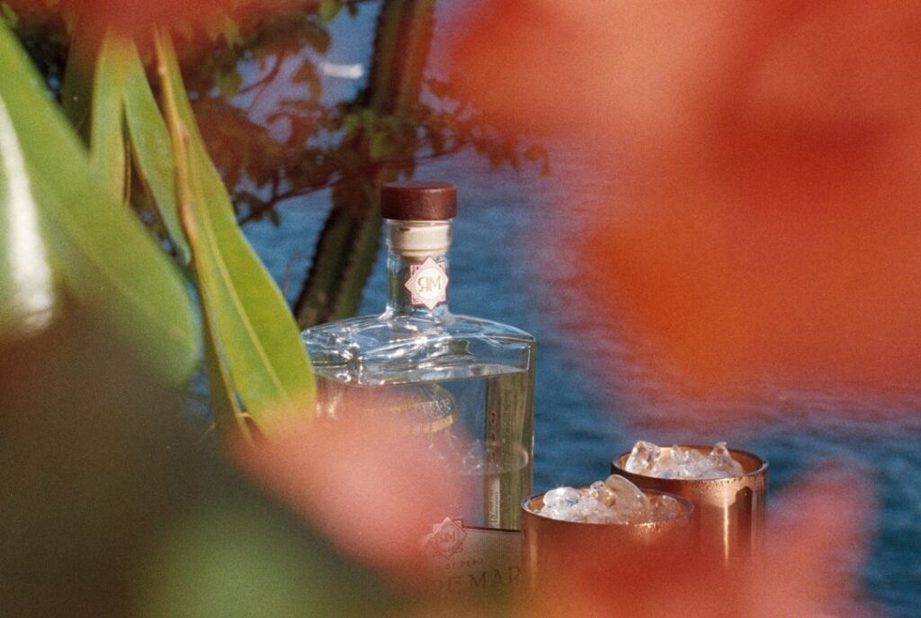 Rompe Mar Pisco bottle next to two glasses full of ice with ocean in background